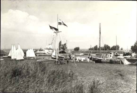 Postcard Bodstedt Fuhlendorf Vorpommern, harbor view, sailing boats, ferry in the background, meadow