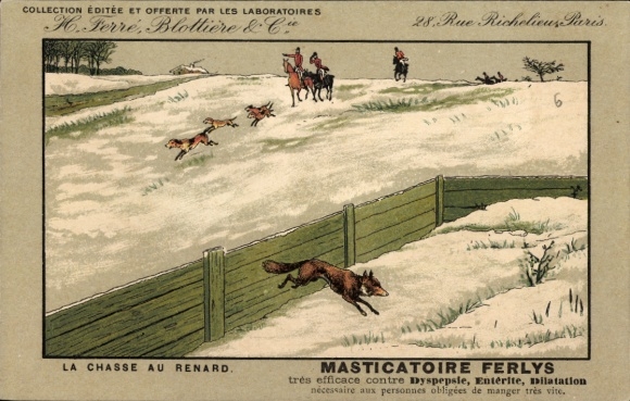 Postcard advertising, H. Ferre, Blottiere & Cie, Abyssinian powder and cigarettes Exibard, fox hunting