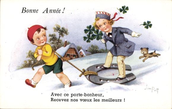 Artist Postcard Patt, Jim, Happy New Year, boy pulling a horseshoe, clover leaves