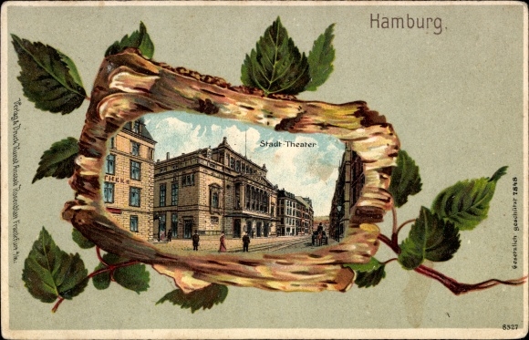 Embossed Birch Wood Passepartout Chromo-Litho Hamburg Mitte Altstadt, Stadttheater, Street View