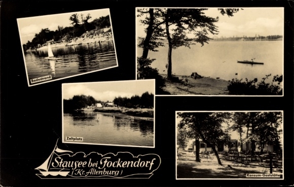 Ak Fockendorf in Thüringen, stuwmeer, strand, camping, consumentenrestaurant