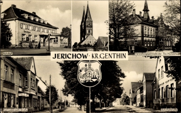 Ak Jerichow an der Elbe, Dom, Bahnhof, Straßenansichten, Wappen, Verwaltung Tbc Heilstätte