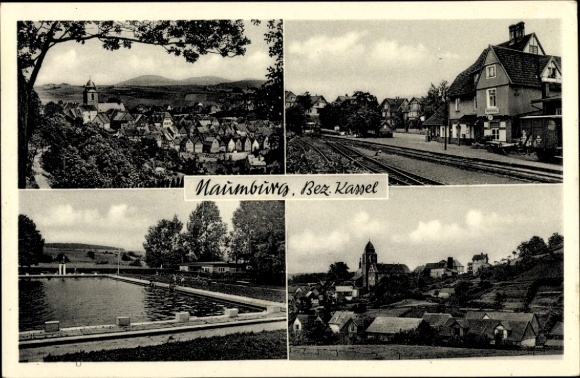 Postcard Naumburg in Hessen, general view, train station, swimming pool, partial view