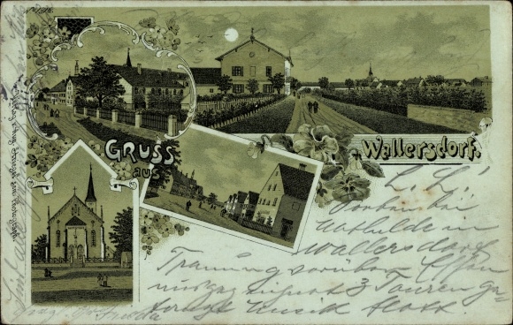 Mondschein Litho Wallersdorf Niederbayern, Straßenpartien, Wohnhäuser, Kirche