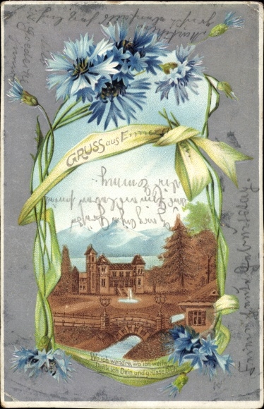 Emboss litho greeting, cornflowers, buildings, mountains, river, kitsch