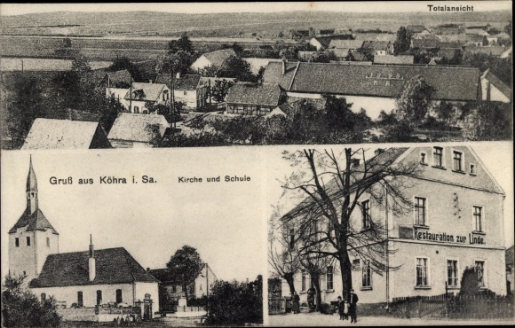 Ak Köhra Belgershain in Saksen, panorama, kerk, school, restauratie van de lindeboom