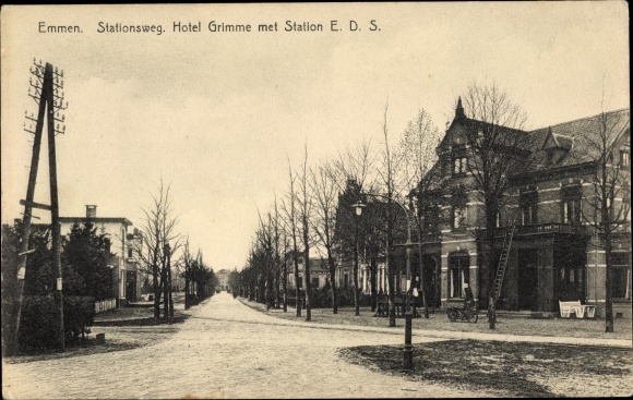 Postcard Emmen Drenthe Netherlands, Hotel Grimme, Stationsweg, Station EDS