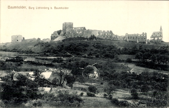 Ak Lichtenburg, Baumholder district, Kasteel Lichtenberg, ruïnes, landschap, bomen, weilanden