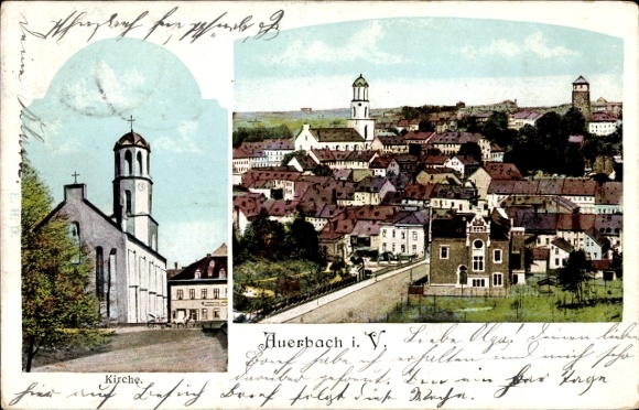 Postcard Auerbach im Vogtland, townscape, church