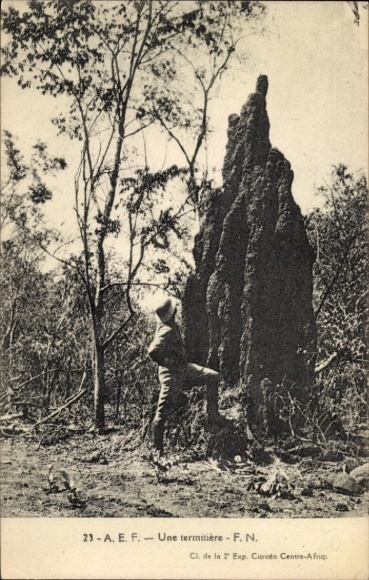 Postcard Afrika, man next to termite mound, Expedition Citroen