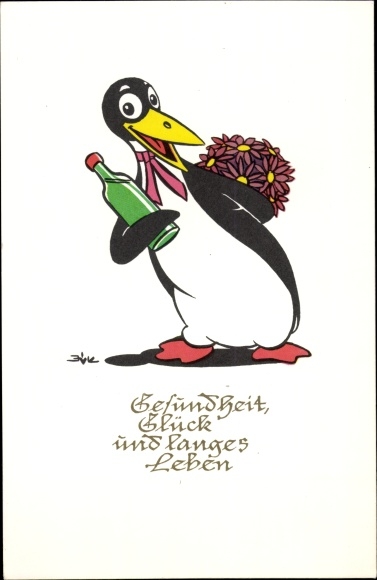 Postcard Happy birthday, penguin with bouquet of flowers and wine bottle