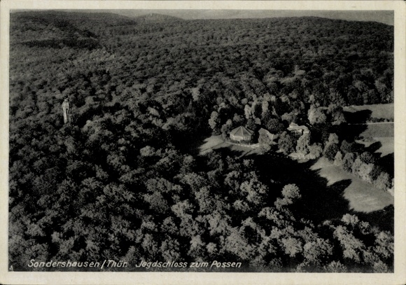 Postcard Sondershausen in the Kyffhäuserkreis Thuringia, aerial photograph, hunting lodge Zum Possen, forest, nature