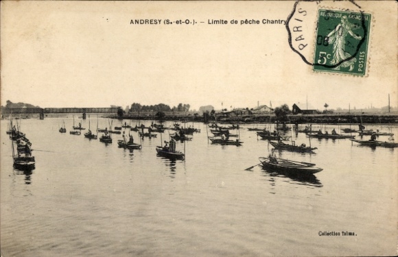Ak Andrésy Yvelines, Schiffe auf dem Wasser, Flusslandschaft, stilisierte Ansicht, französische 