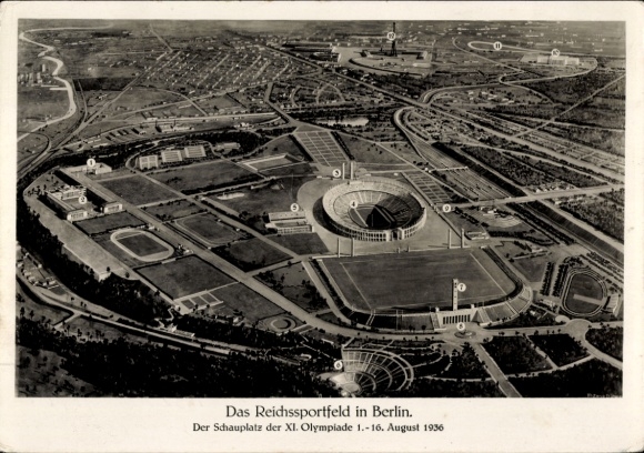 Postcard Reichssportfeld Berlin, Reich Academy for Physical Education, Olympic Stadium, Dietrich Eckart Stage