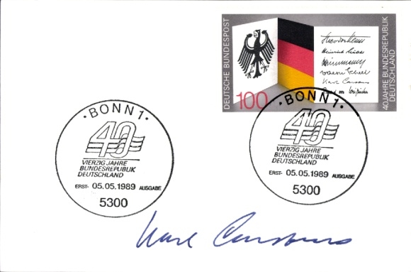 Erstausgabetag 40 Jahre Bundesrepublik Deutschland, Bonn 5.5.1989, Autogramm Karl Carstens