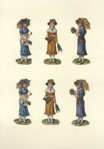 6 wafers young girls with flowers and umbrellas, each approx. 9 x 3 cm