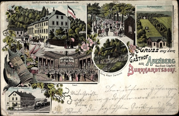 Chromo-Litho Burkhardtsdorf in the Ore Mountains, Gasthof am Auenberg, owner Gust. Göpfert, train station, shooting wall