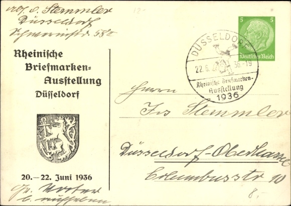 Postwaardestukkunstenaar Ak Peters, Düsseldorf, Rijnlandse postzegeltentoonstelling 1936