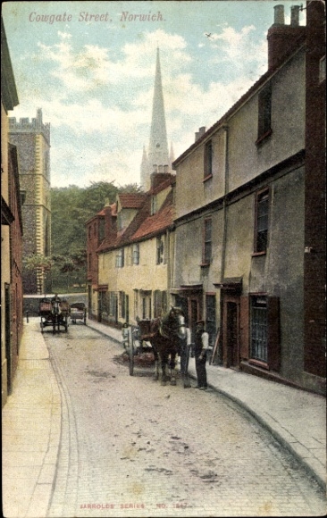 Ak Norwich Norfolk England, Cowgate Street, Häuser,  Architektur, Pferdekarren