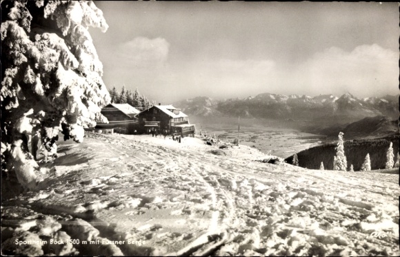Postcard Nesselwang in Allgäu, Sportheim Bock, snow-covered landscape, mountains in the background