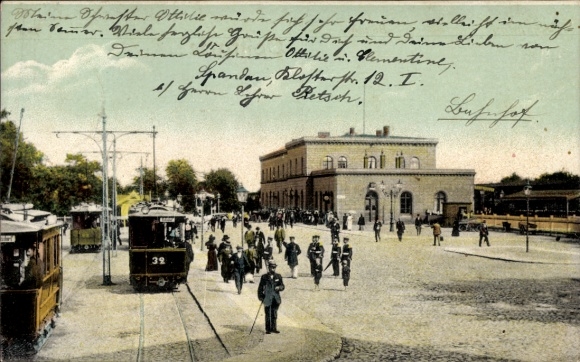 Postcard Berlin Spandau, train station, tram no. 32