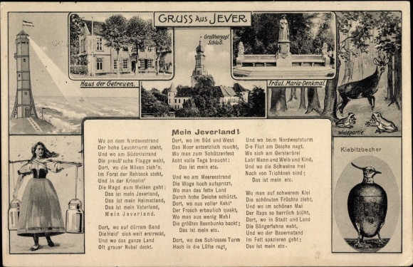 Poem Postcard Jever in Oldenburg Friesland, Kiebitzbecher, Mein Jeverland, lighthouse, house of the faithful