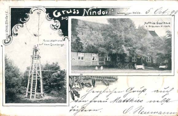 Postcard Nindorf Hanstedt in the Lüneburg Heath, inn "zum braunen Hirsch", observation tower