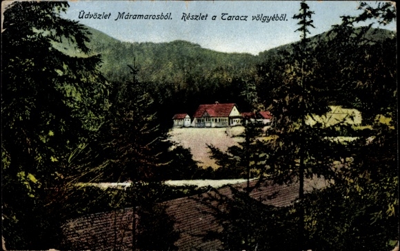 Postcard Maramureș Máramaros Romania, landscape with trees, buildings in the valley, colored