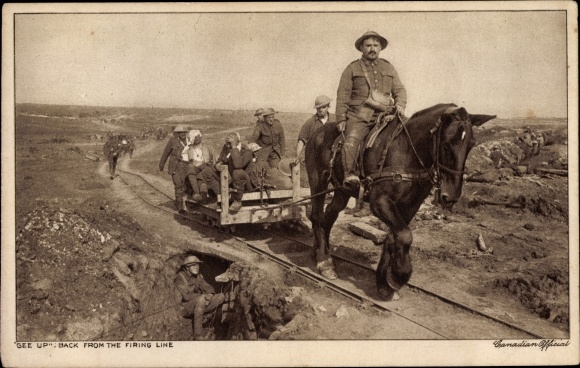 Postcard Gee up, Back from the firing line, Canadian soldiers, Light railway, Draft horse