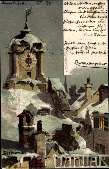 Artist PC Guggenberger, Thomas, month of January, town hall clock, snowy landscape