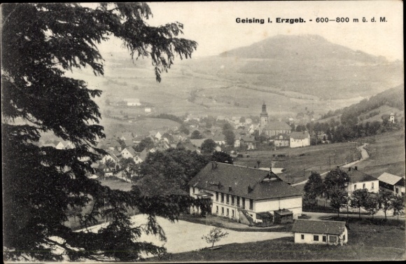 Postcard Geising Altenberg Erzgebirge, valley view, panorama of the village, church