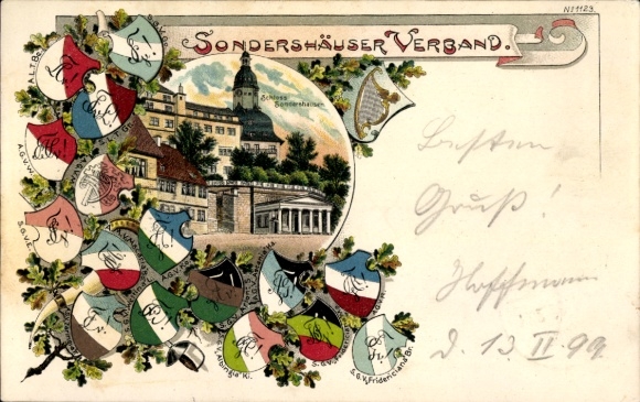 Coat of arms Chromo-Litho Sondershausen in the Kyffhäuserkreis Thuringia, Sonderhäuser Association, Castle