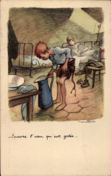 Artist PC Poulbot, Francisque, boys, frozen water in a jug, Ligue Nationale contre le Taudis