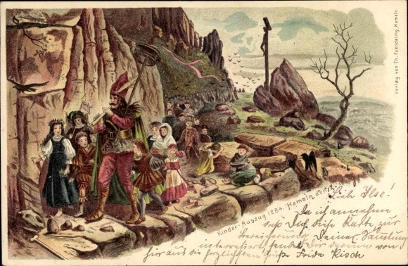 litho Hamelen in Nedersaksen, rattenvanger uit Hamelen, kinderprocessie 1284