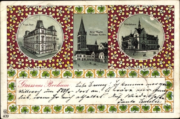 passe-partout litho Bochum w Zagłębiu Ruhry, poczta, stary rynek, Probsteikirche, Ständehaus