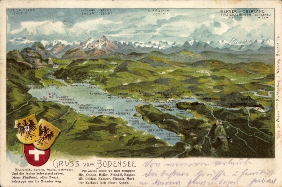 Maps Coat of Arms Chromo-Litho Friedrichshafen on Lake Constance, Bregenz, Rhine Falls, Alpine Panorama