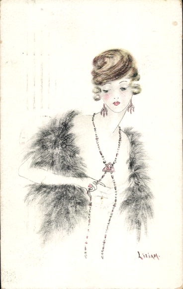 Artist Postcard Liriam, lady's portrait, fur stole, necklace, hand-painted