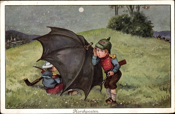 Artist PC Schneider, Rud., listening post, children in uniforms, umbrella