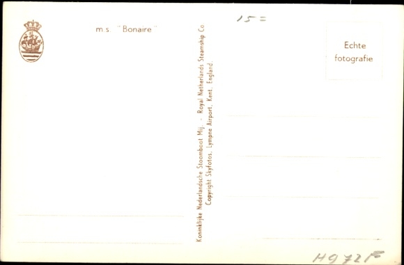 Postcard steamer MS Bonaire, Koninklijke Nederlandsche Stoomboot Maatschappij