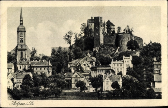 Postcard Stolpen in Saxon Switzerland, partial view, castle, church