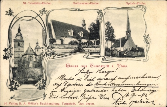 Postcard Bad Tennstedt in Thuringia, hospital church, Gottesacker church, St. Trinitatis church