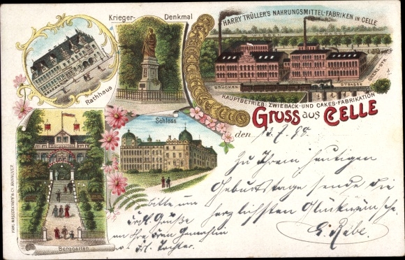 Chromo-Litho Celle Lower Saxony, town hall, castle, monument, mountain garden, Harry Trüller food factory