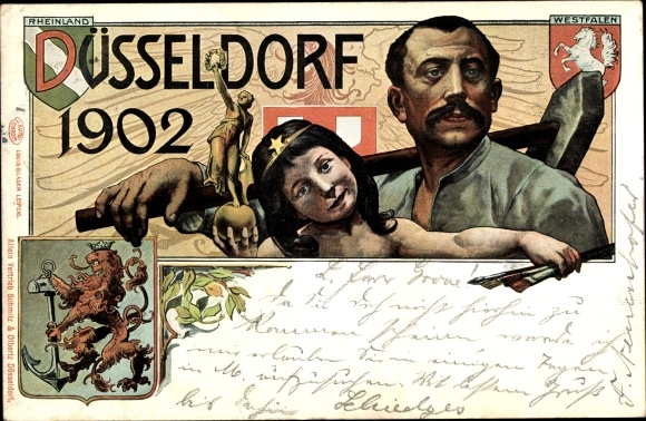 Wapen litho Düsseldorf am Rhein, Industrie- en Handelstentoonstelling 1902, arbeider en kind