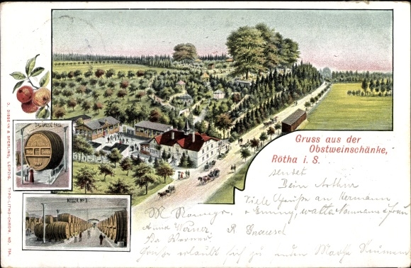 Künstler Ak Rötha in Sachsen, Obstweinschänke, Vogelschau, das große Fass, Keller No. 3