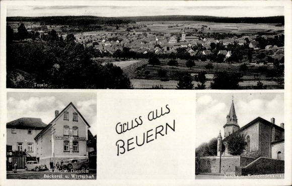 Postcard Beuern Gensungen Felsberg in Hesse, total view, church, war memorial, bakery
