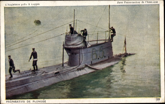 Künstler Ak Britisches U Boot, B 5, Préparatifs de Plongée, Seeleute an Deck
