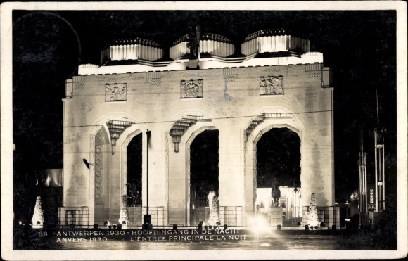 Postcard Anvers Antwerp, Exposition, World Exhibition, Weltausstellung 1930, Main entrance, Night