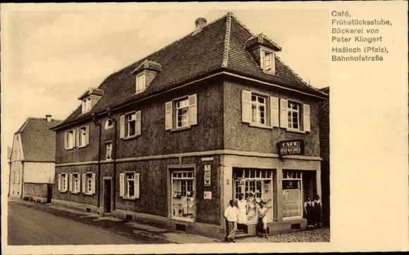 Ak Haßloch in Saarpfalz, café, bakkerij, Bahnhofstrasse