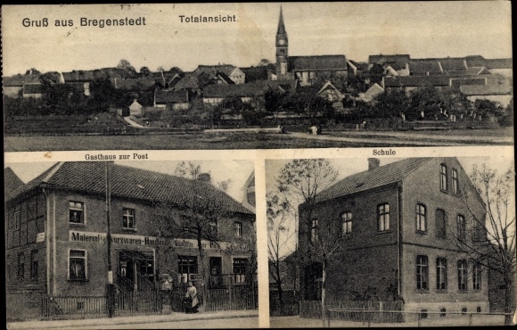 Ak Bregenstedt Erxleben Sachsen Anhalt, Totalansicht, Gasthaus zur Post, Schule