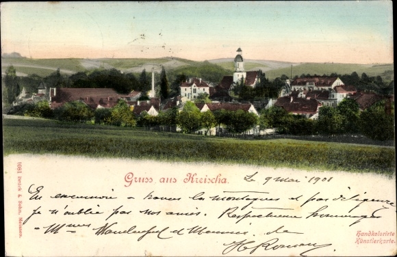 Postcard Kreischa in the Erzgebirge, total view of the village, church tower